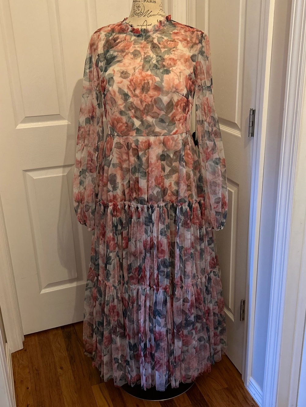 Mac Duggal Floral Long Sleeve High Neck Long Balloon Sleeve Midi Dress